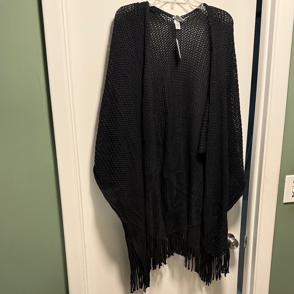 Sonoma Black Open Knit Fringe Poncho
